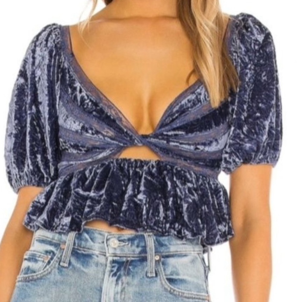Free People Yours Truly Top Crushed Velvet Boho Top Blue (Wild Moon) Sz S NWOT